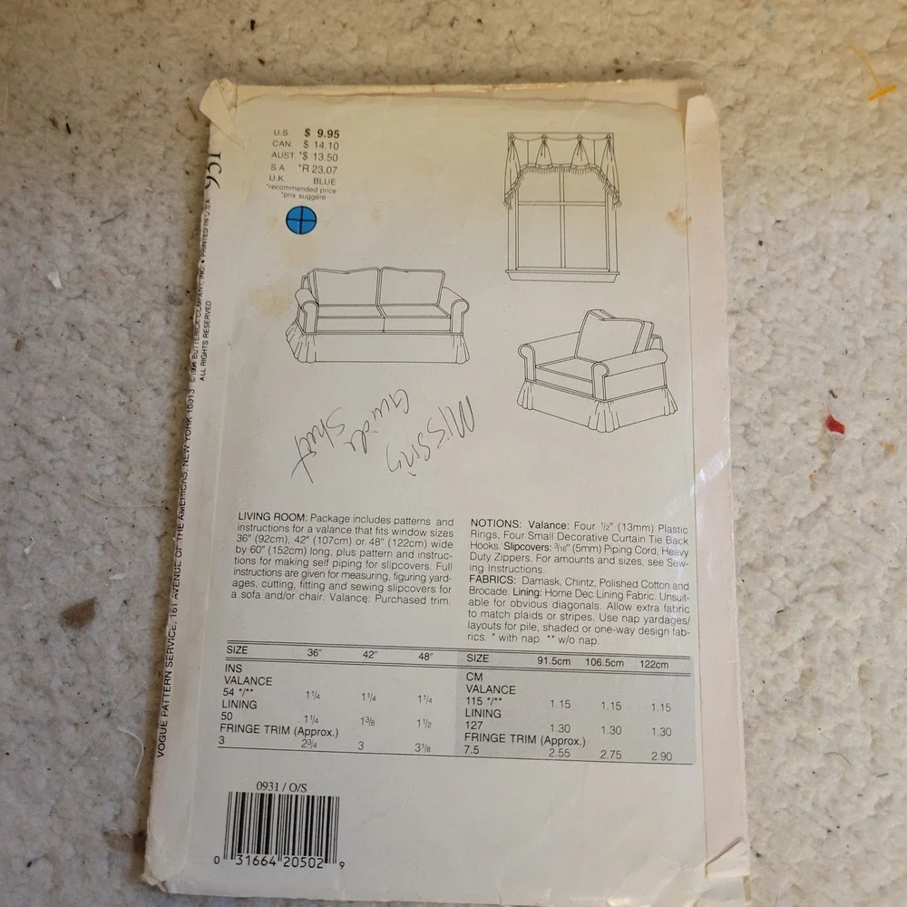 Vogue 931 Sewing Pattern Family Circle Living Room Valance Slipcover OS Fair